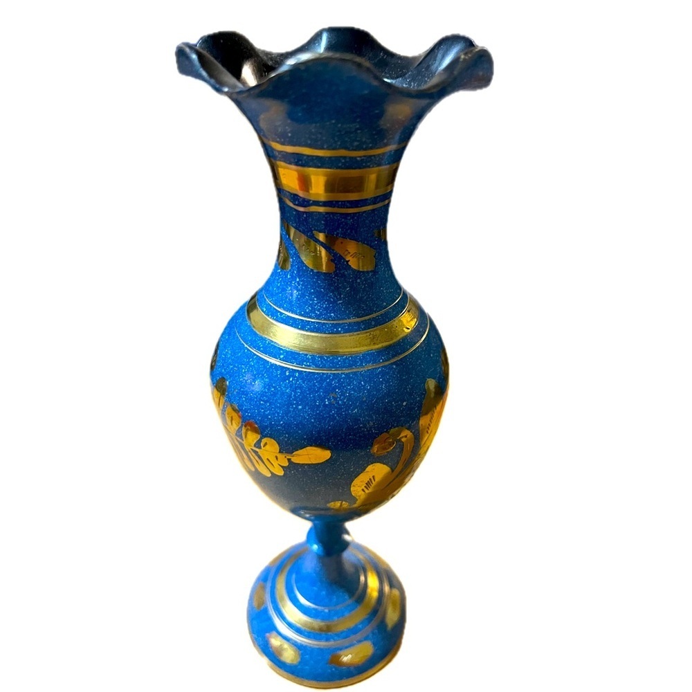 Vintage Blue Enameled Brass Bud Vase w/ etched florals and ruffled opening
